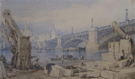 19th century English School The building of London Bridge 4.25 x 6.75in.